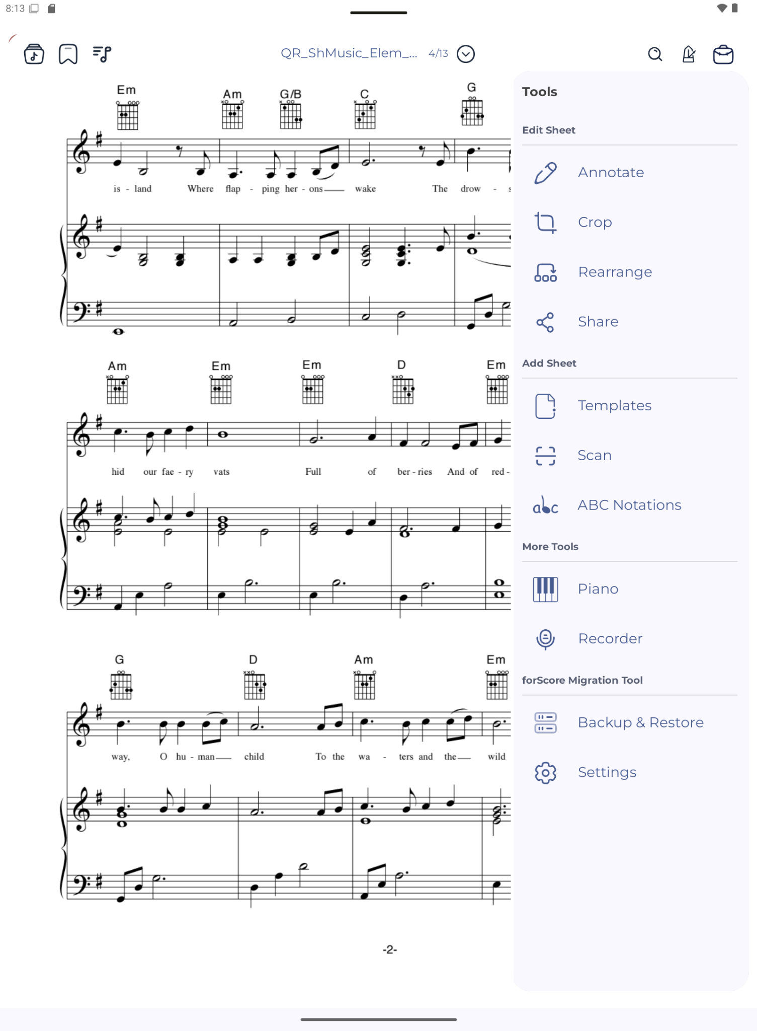 ScoreVibe score reader with tools panel